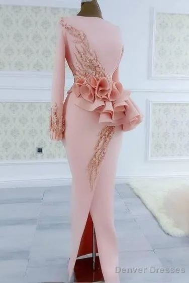 Blush Pink Aso Ebi Evening Dresses Long Sleeves Peplum Beads Appliques Pearls Side Split Mermaid Prom Dress