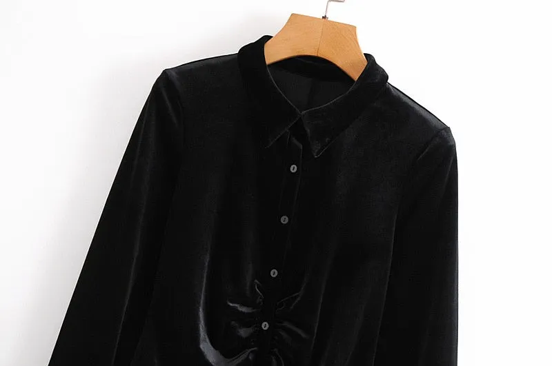 BUTTON-UP PLEATED VELVET BODYSUIT