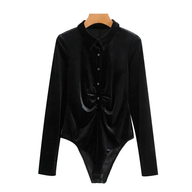 BUTTON-UP PLEATED VELVET BODYSUIT