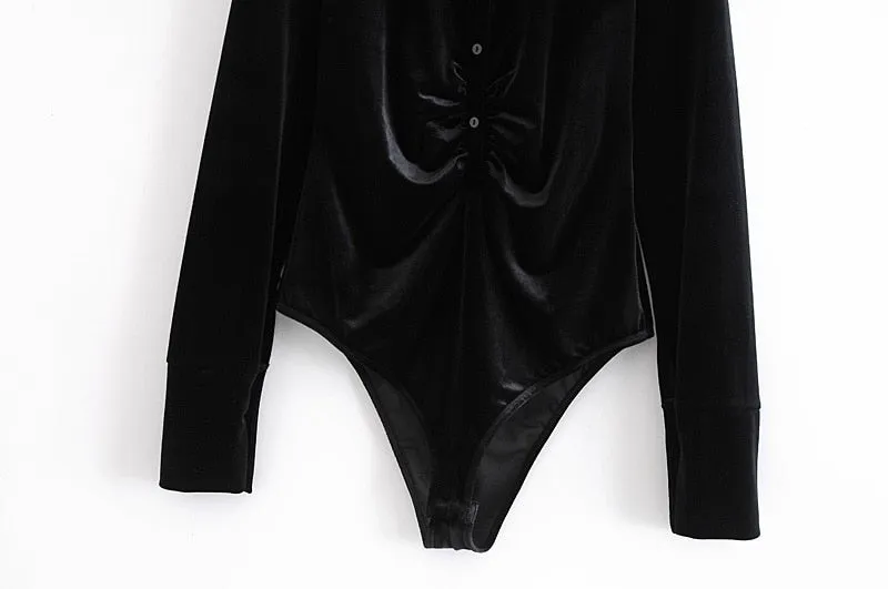 BUTTON-UP PLEATED VELVET BODYSUIT