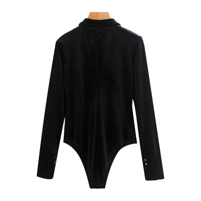 BUTTON-UP PLEATED VELVET BODYSUIT