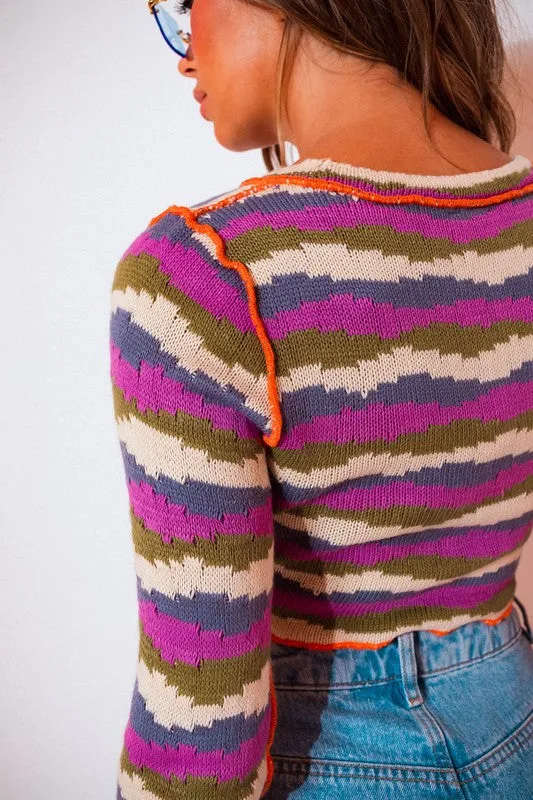 Chic Stylish Striped Long Sleeve Crop Knit Top