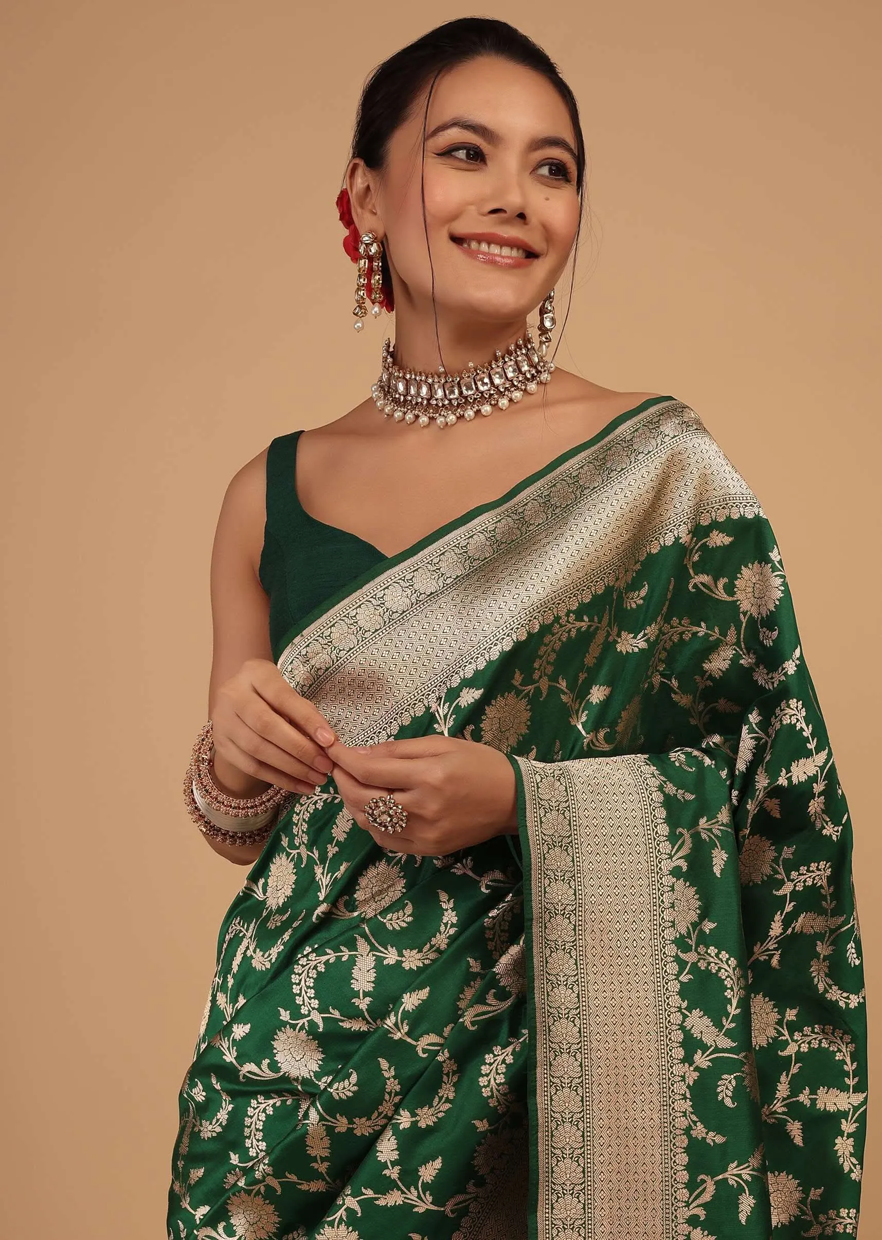Emerald Green Saree In Pure Banarasi Silk With Upada Zari Weave Floral Jaal Work