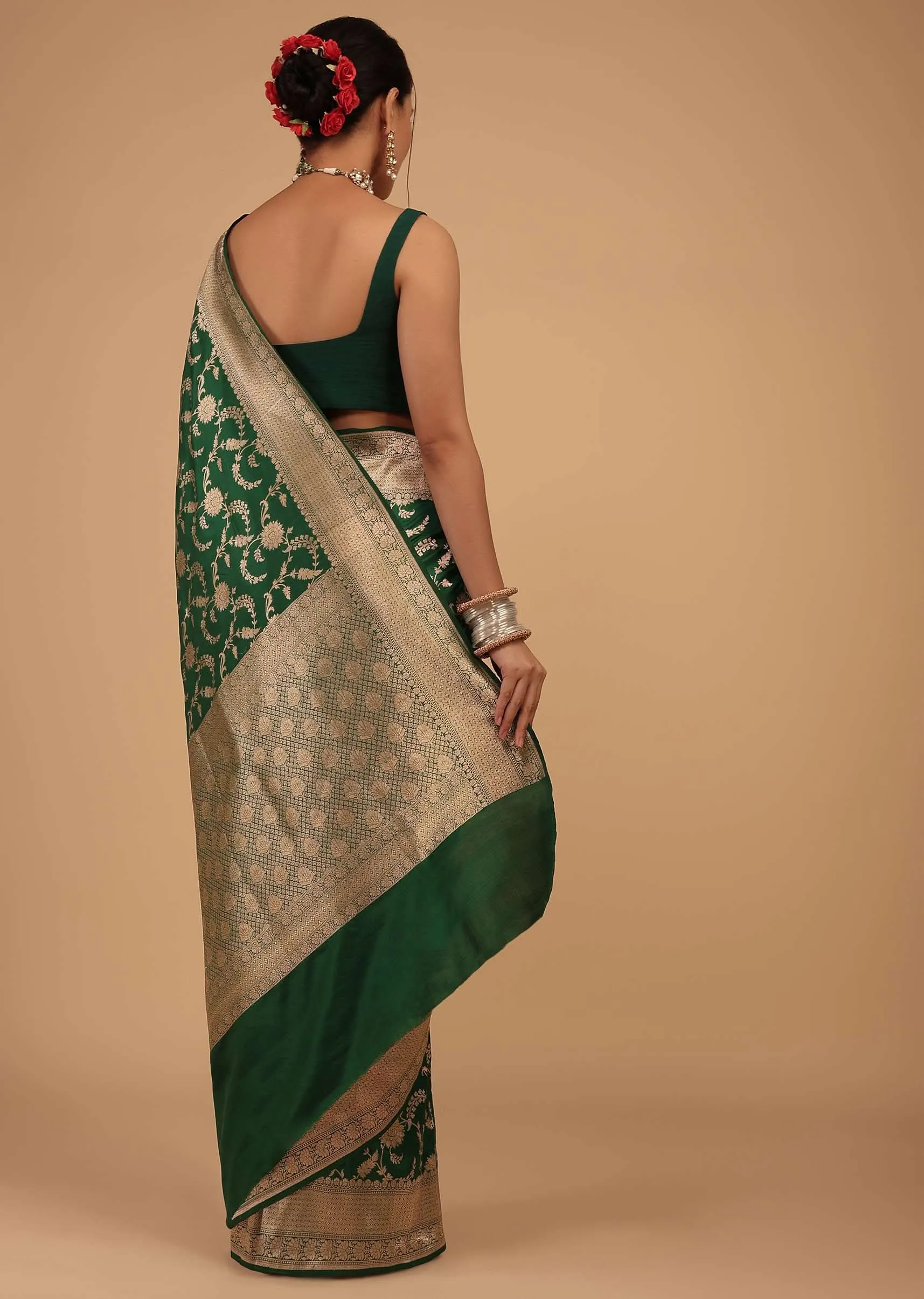 Emerald Green Saree In Pure Banarasi Silk With Upada Zari Weave Floral Jaal Work