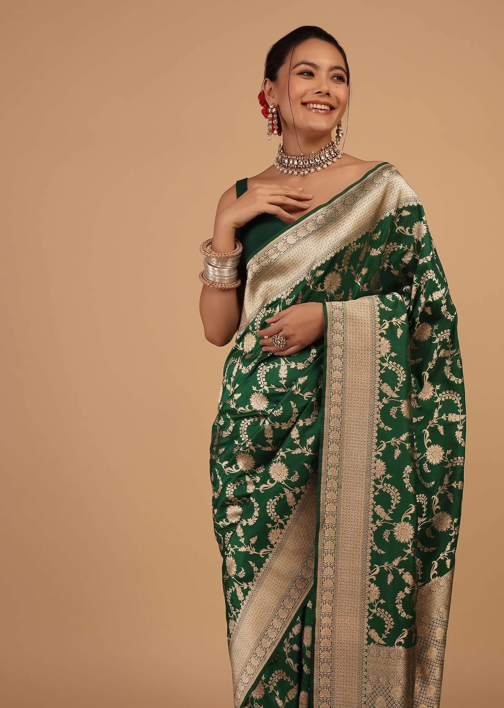 Emerald Green Saree In Pure Banarasi Silk With Upada Zari Weave Floral Jaal Work