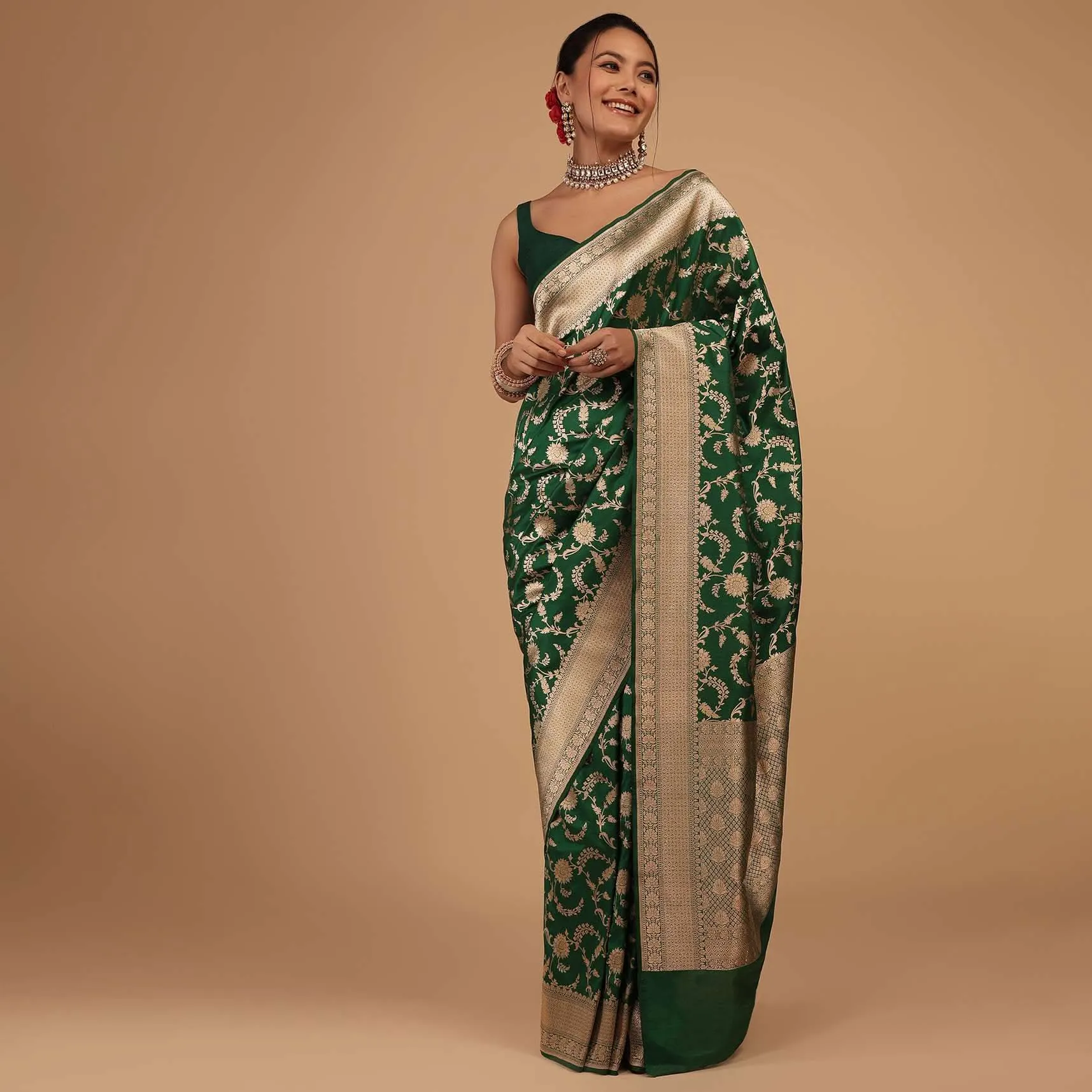 Emerald Green Saree In Pure Banarasi Silk With Upada Zari Weave Floral Jaal Work