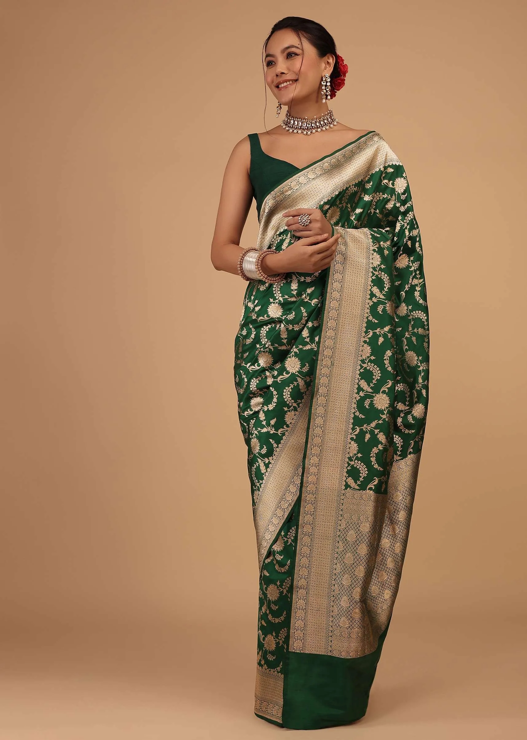 Emerald Green Saree In Pure Banarasi Silk With Upada Zari Weave Floral Jaal Work
