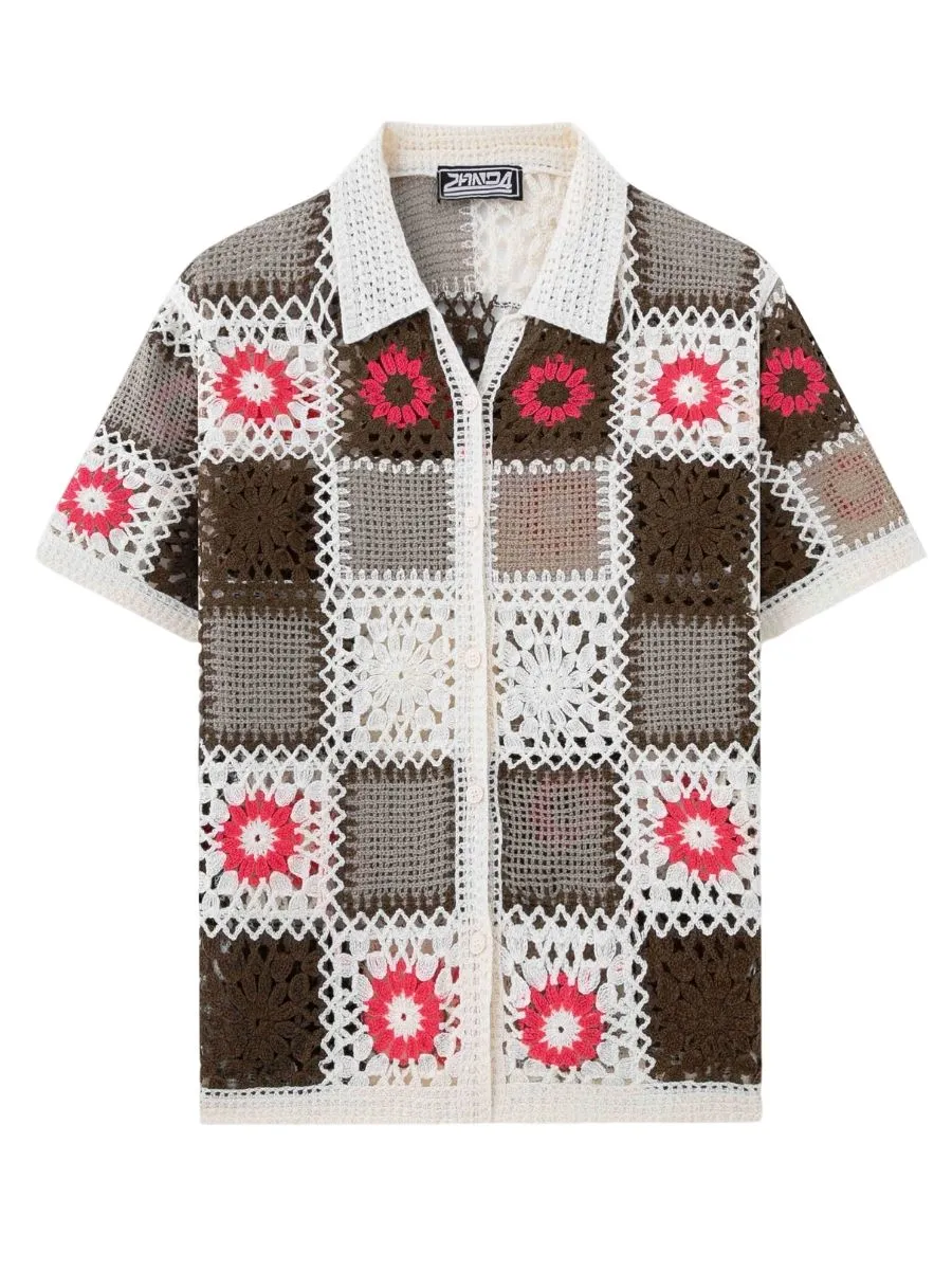 Floral Patchwork Crochet Knit Shirt
