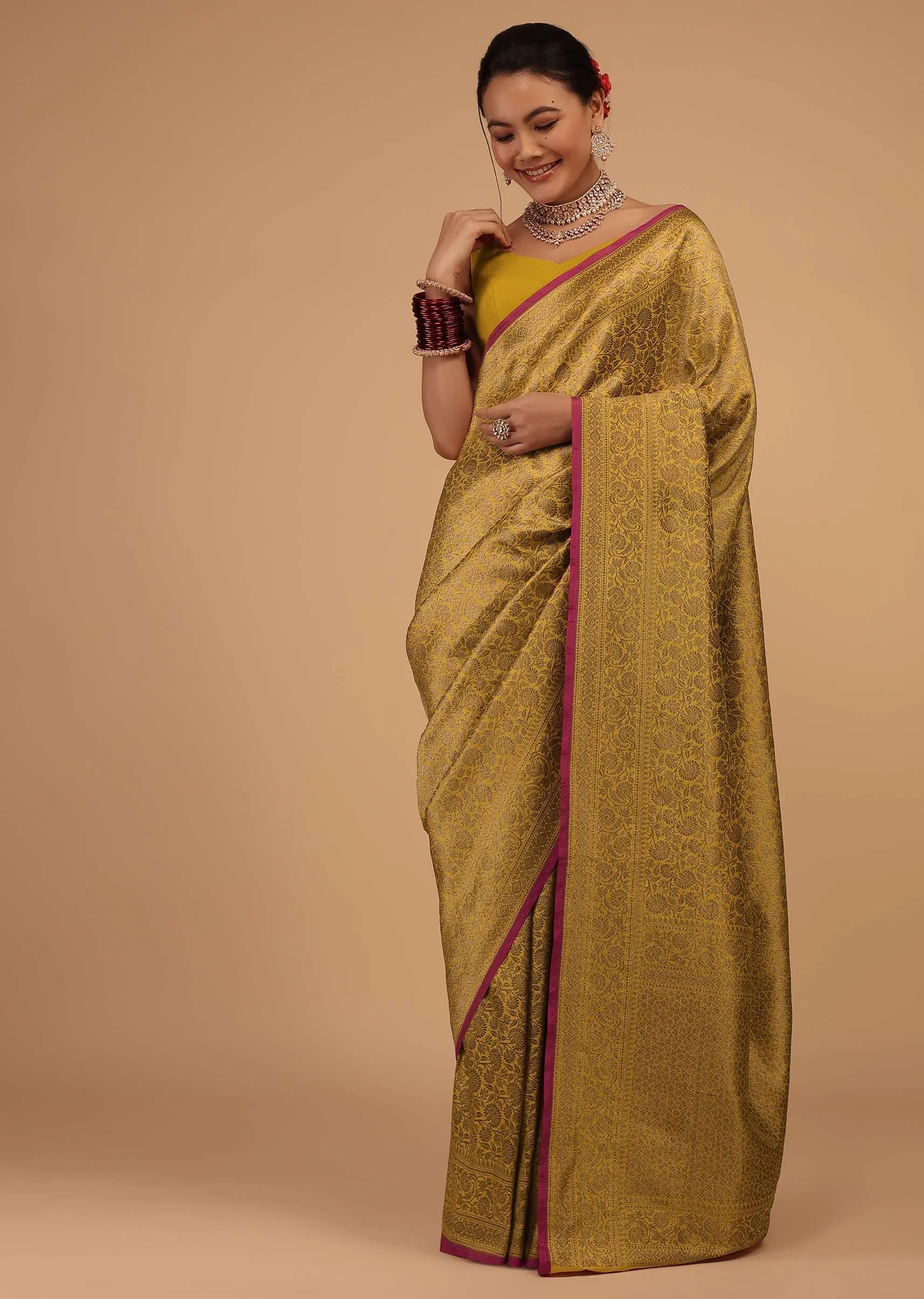 Gold Yellow Saree In Pure Banarasi Silk With Upada Zari Weave Floral Jaal Work