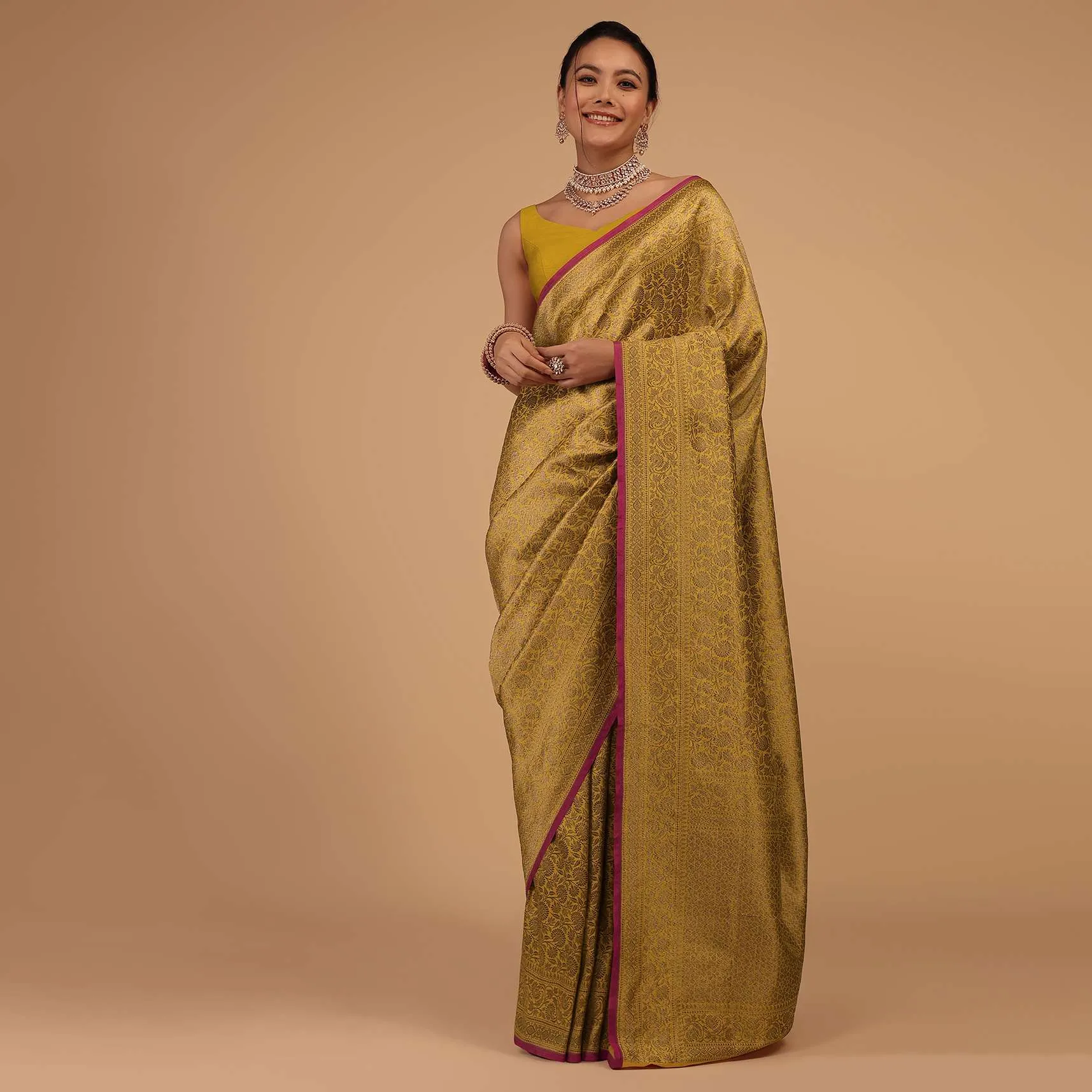 Gold Yellow Saree In Pure Banarasi Silk With Upada Zari Weave Floral Jaal Work