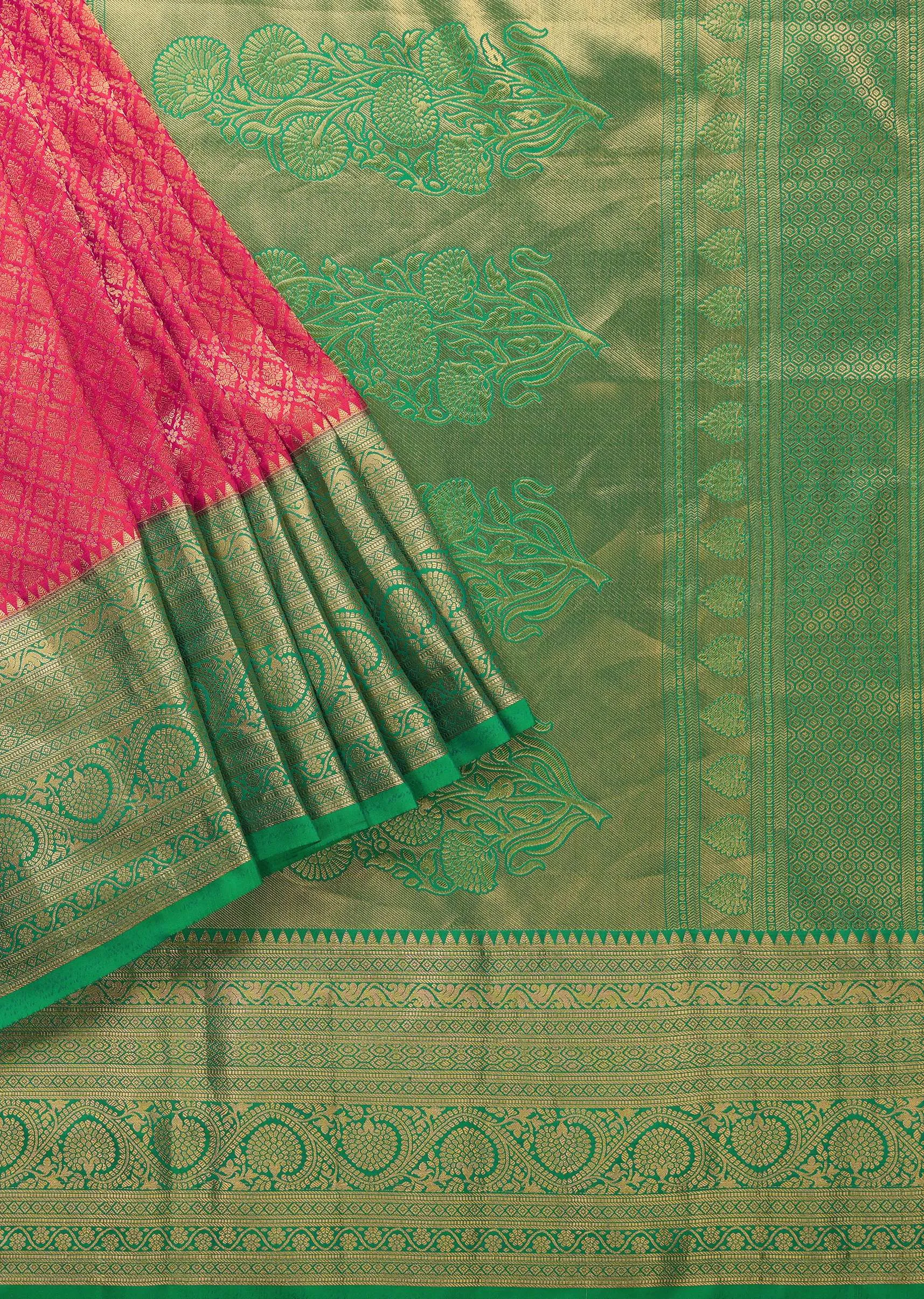 Hot Pink Kanjivaram Saree In Pure Silk With Forest Green Border And Unstitched Blouse