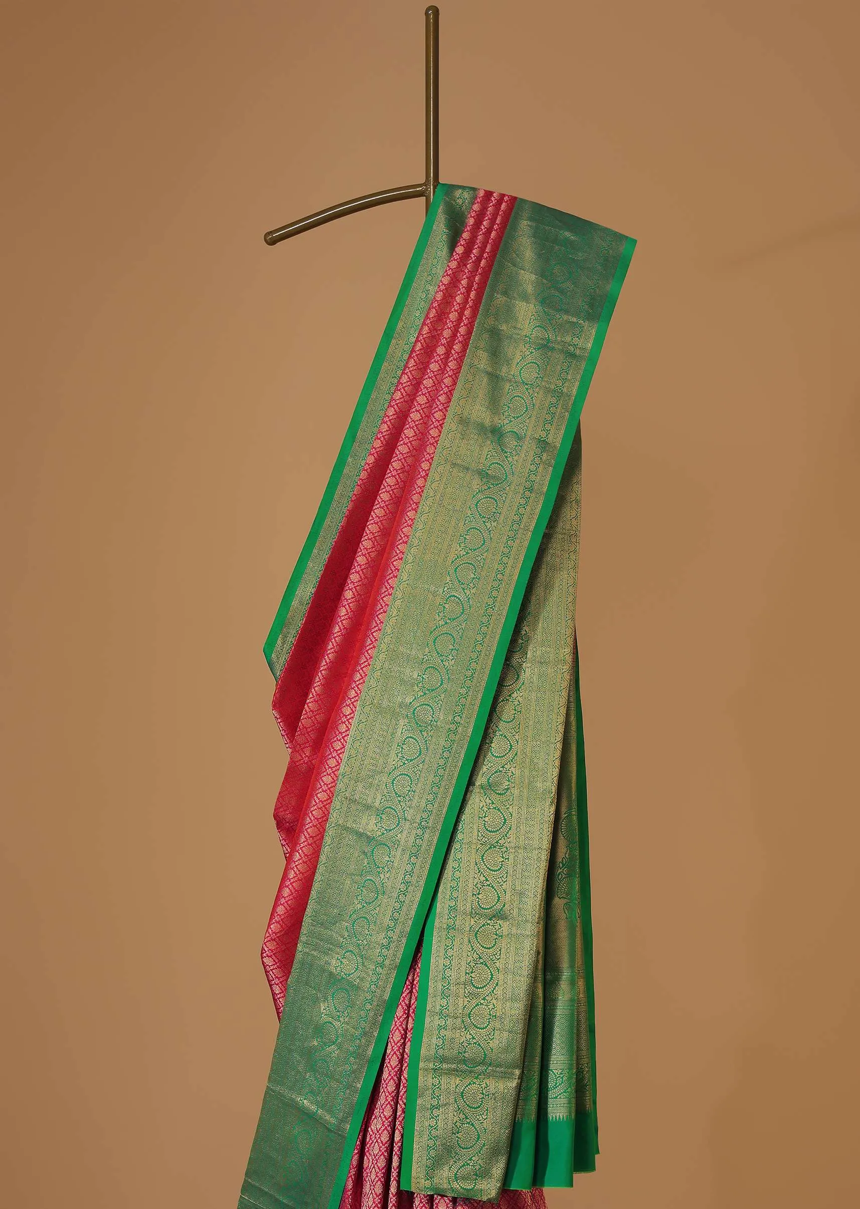 Hot Pink Kanjivaram Saree In Pure Silk With Forest Green Border And Unstitched Blouse