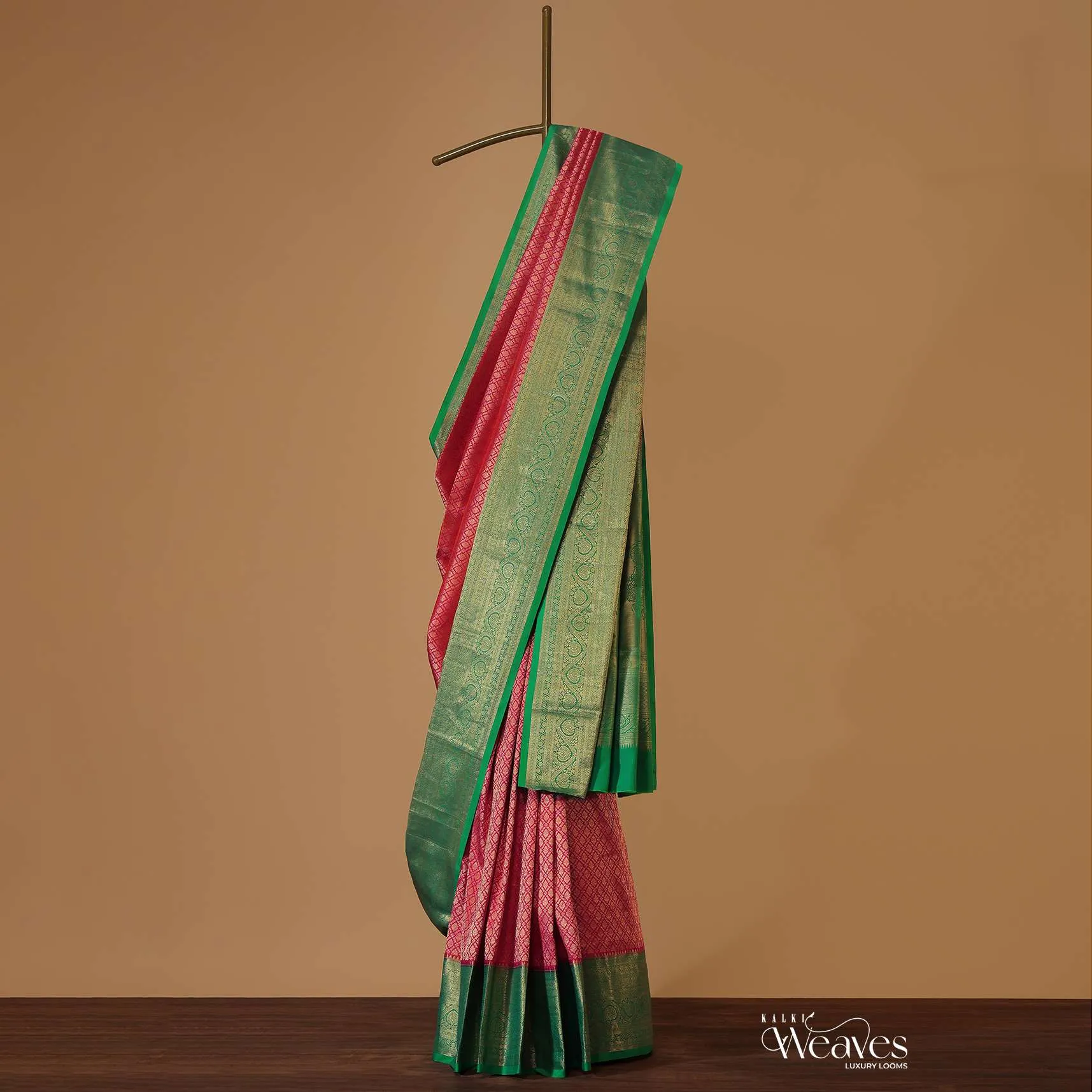 Hot Pink Kanjivaram Saree In Pure Silk With Forest Green Border And Unstitched Blouse