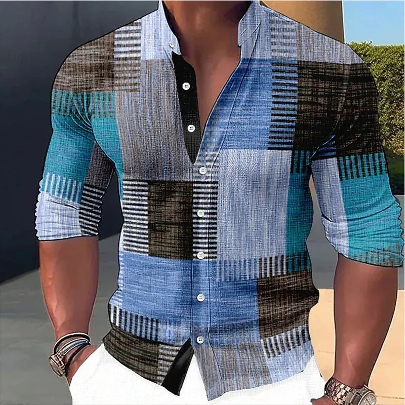 Men's retro stitched shirt with gradient stand up collar, long sleeved button up clothing designer, casual and breathable s-6XL