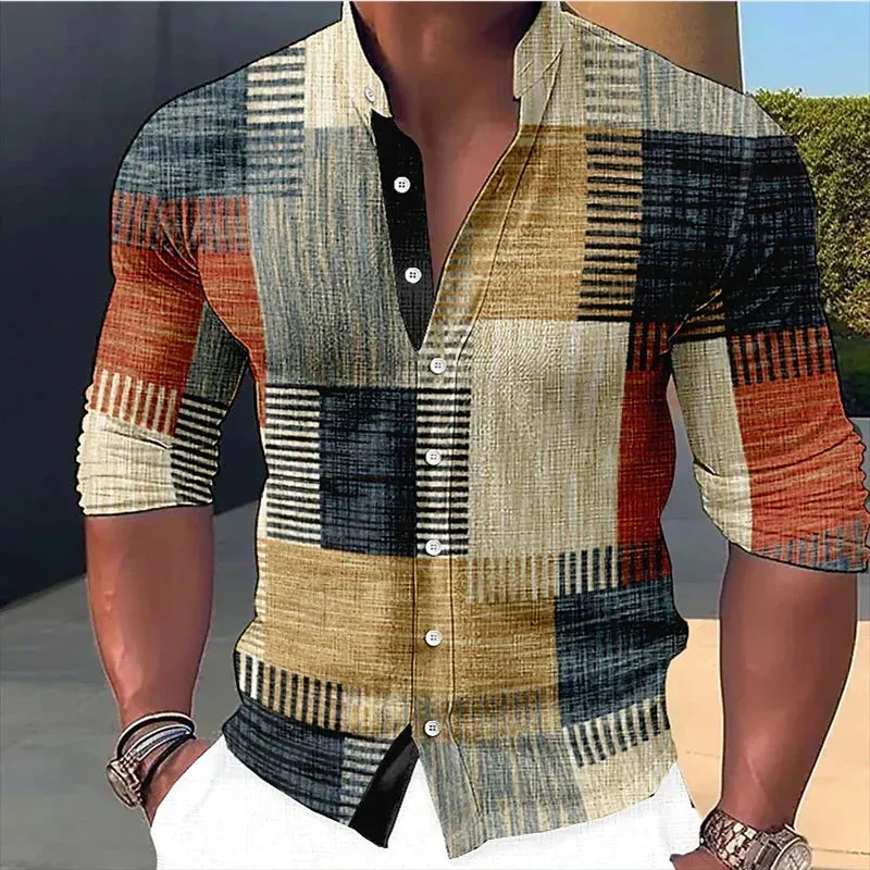 Men's retro stitched shirt with gradient stand up collar, long sleeved button up clothing designer, casual and breathable s-6XL