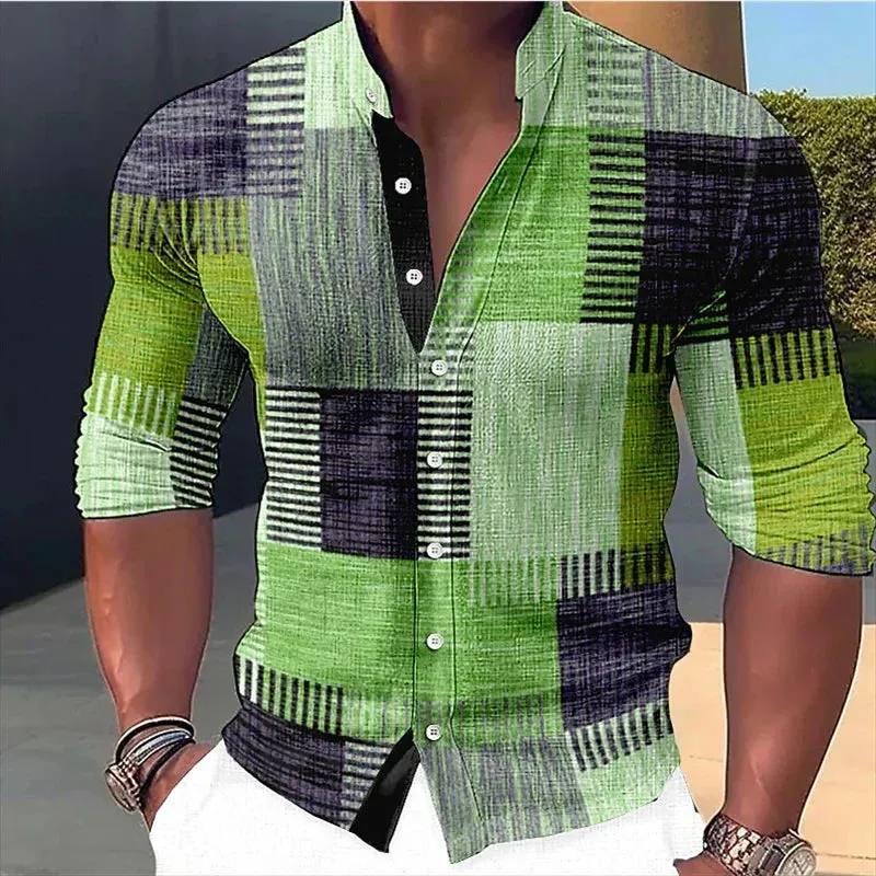 Men's retro stitched shirt with gradient stand up collar, long sleeved button up clothing designer, casual and breathable s-6XL