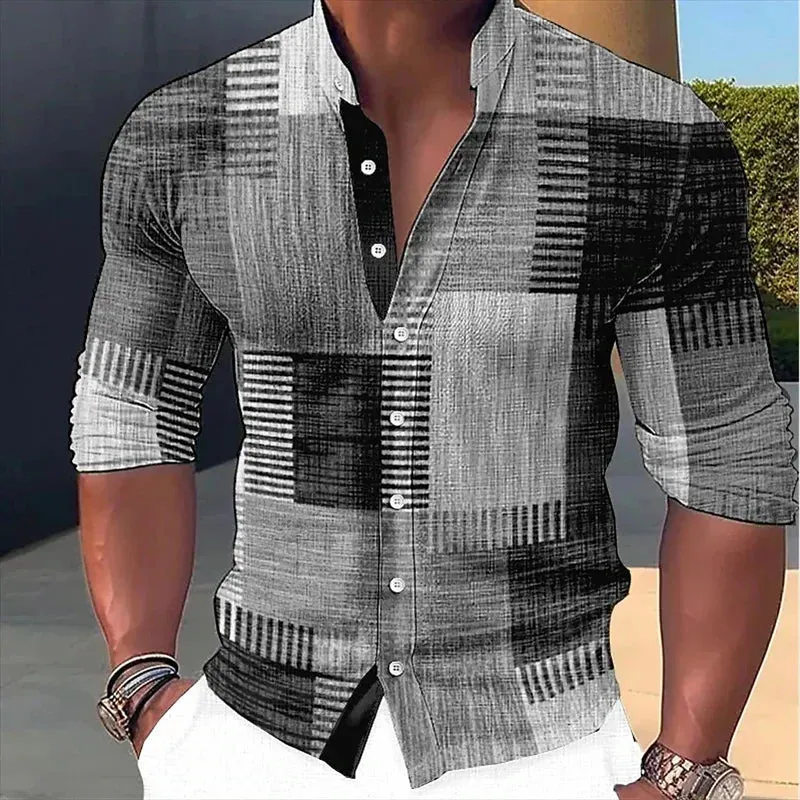 Men's retro stitched shirt with gradient stand up collar, long sleeved button up clothing designer, casual and breathable s-6XL
