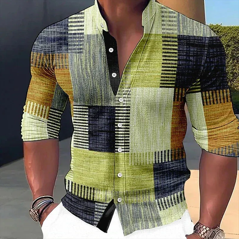 Men's retro stitched shirt with gradient stand up collar, long sleeved button up clothing designer, casual and breathable s-6XL