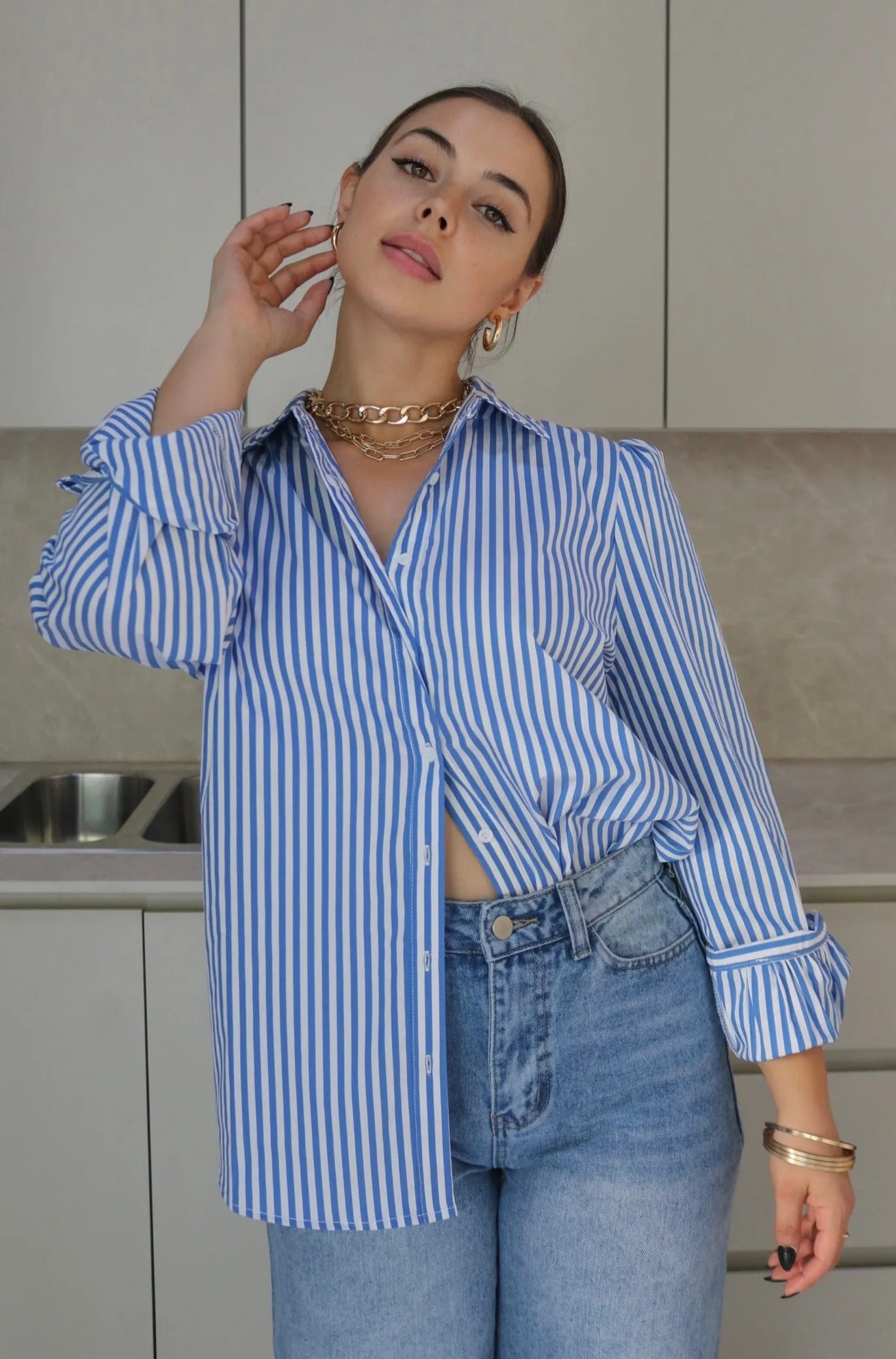 'Oxford' Classic Striped Button Down Shirt in Blue and White