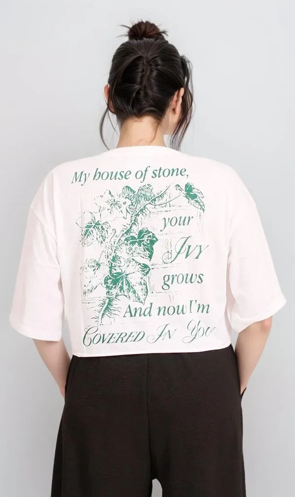 R206767 - Graphic Printed Cropped T-Shirt - White & Green