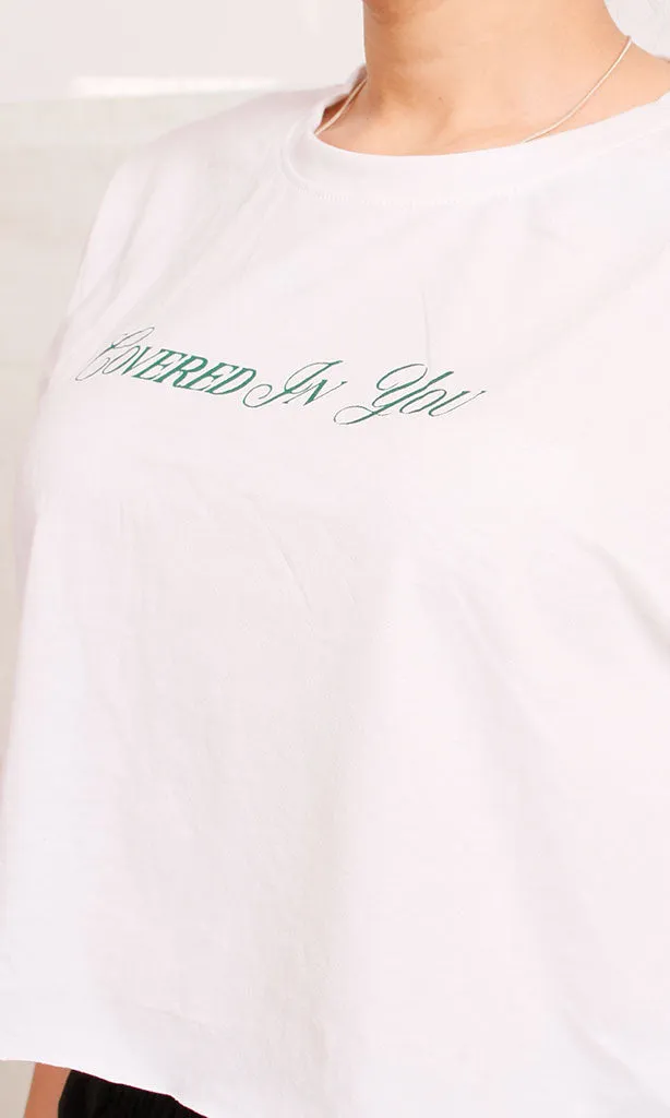 R206767 - Graphic Printed Cropped T-Shirt - White & Green